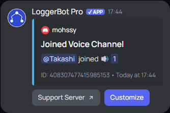 Joined Voice Channel log embed